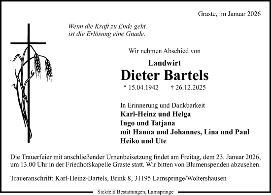 Traueranzeige von Dieter Bartels von Hildesheimer Allgemeine Zeitung