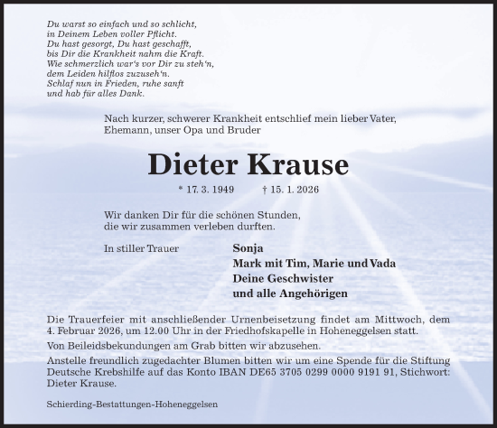 Traueranzeige von Dieter Krause von Hildesheimer Allgemeine Zeitung