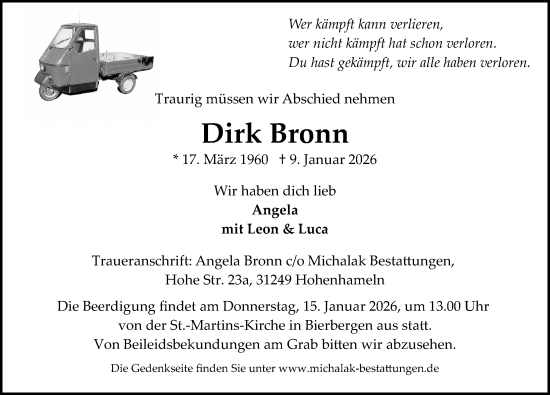 Traueranzeige von Dirk Bronn von Hildesheimer Allgemeine Zeitung
