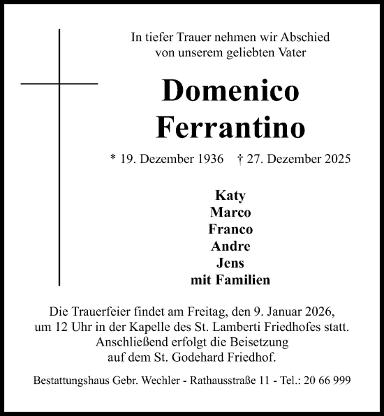 Traueranzeige von Domenico Ferrantino von Hildesheimer Allgemeine Zeitung