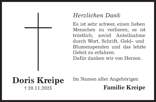 Traueranzeige von Doris Kreipe von Hildesheimer Allgemeine Zeitung