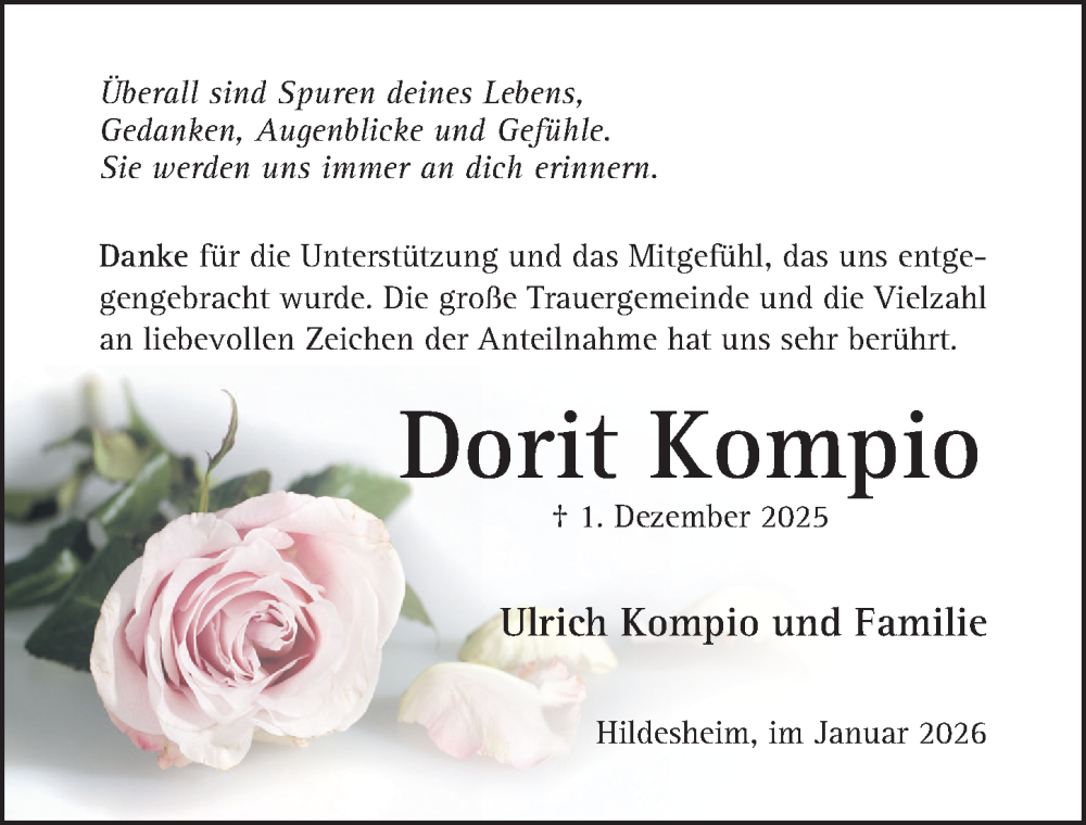  Traueranzeige für Dorit Kompio vom 14.01.2026 aus Hildesheimer Allgemeine Zeitung
