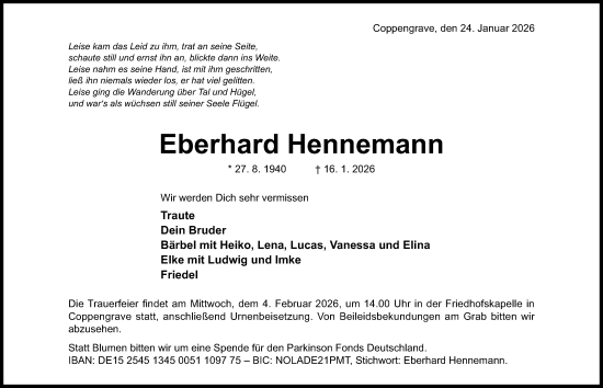 Traueranzeige von Eberhard Hennemann von Hildesheimer Allgemeine Zeitung