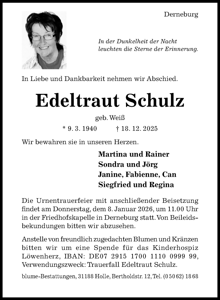  Traueranzeige für Edeltraut Schulz vom 03.01.2026 aus Hildesheimer Allgemeine Zeitung