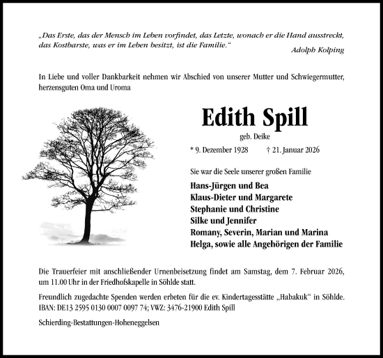Traueranzeige von Edith Spill von Hildesheimer Allgemeine Zeitung