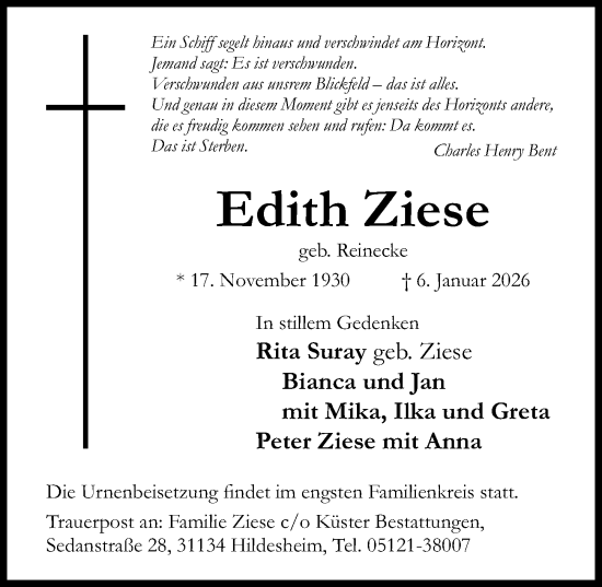 Traueranzeige von Edith Ziese von Hildesheimer Allgemeine Zeitung