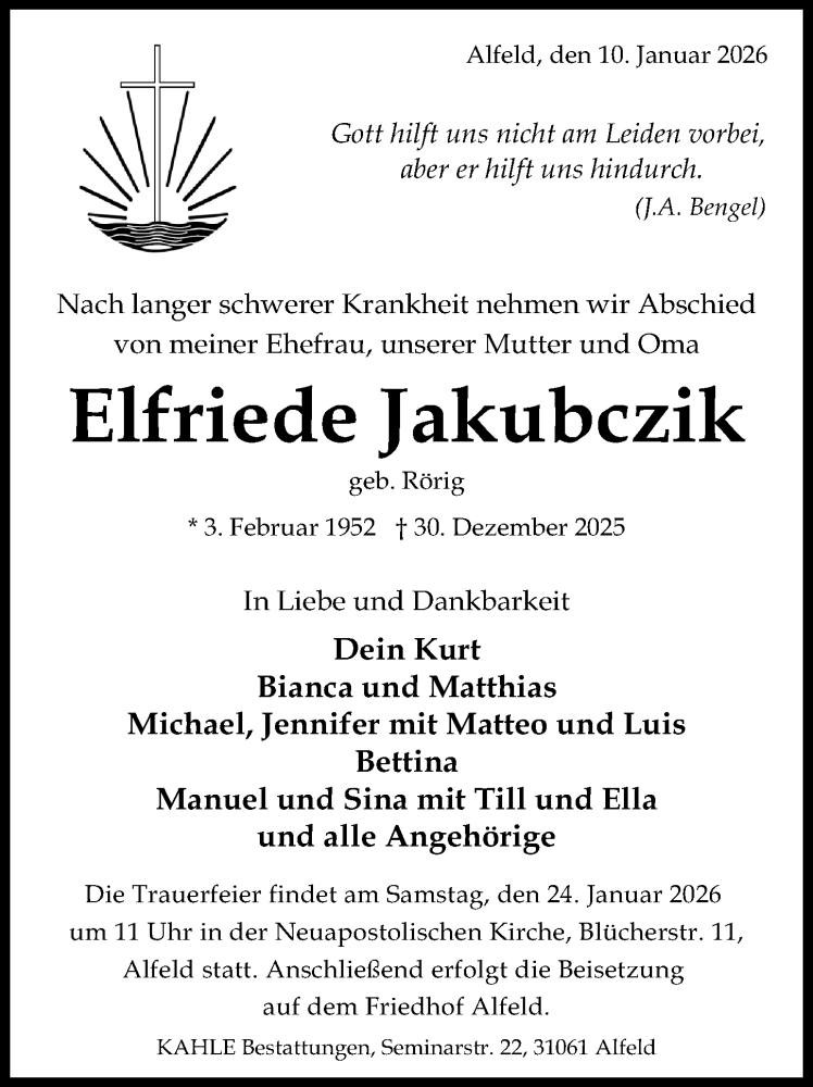  Traueranzeige für Elfriede Jakubczik vom 10.01.2026 aus Hildesheimer Allgemeine Zeitung