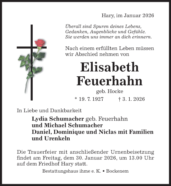 Traueranzeige von Elisabeth Feuerhahn von Hildesheimer Allgemeine Zeitung