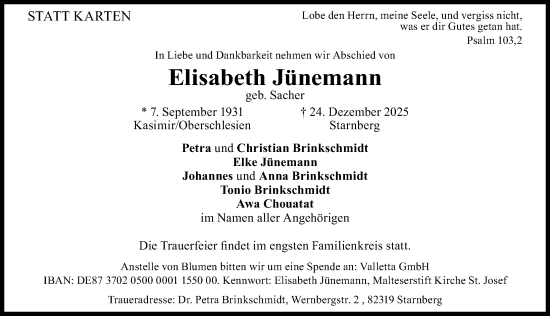 Traueranzeige von Elisabeth Jünemann von Hildesheimer Allgemeine Zeitung