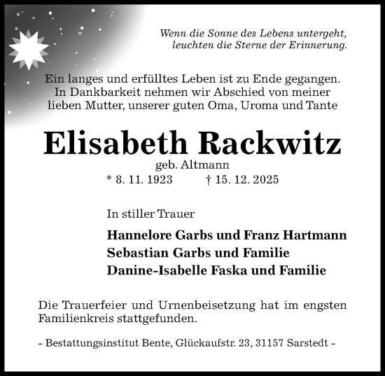 Traueranzeige von Elisabeth Rackwitz von Hildesheimer Allgemeine Zeitung