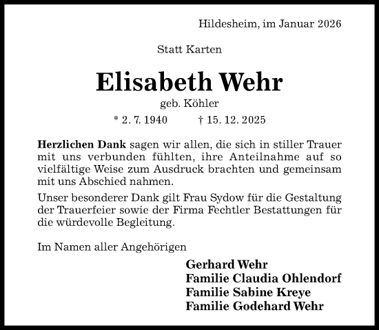 Traueranzeige von Elisabeth Wehr von Hildesheimer Allgemeine Zeitung