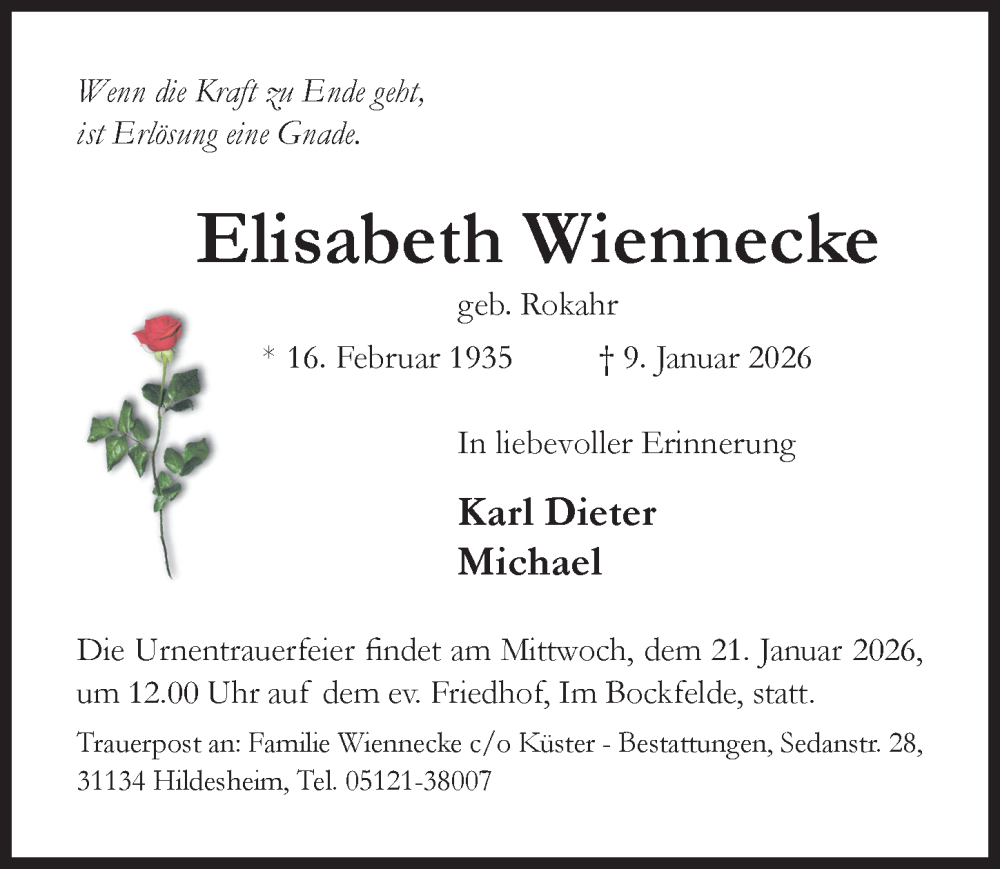  Traueranzeige für Elisabeth Wiennecke vom 14.01.2026 aus Hildesheimer Allgemeine Zeitung