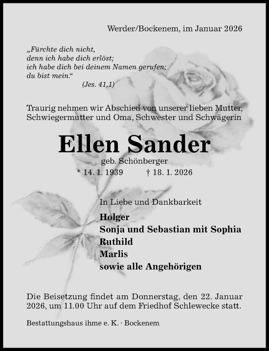 Traueranzeige von Ellen Sander von Hildesheimer Allgemeine Zeitung