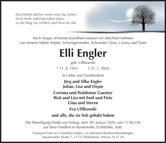 Traueranzeige von Elli Engler von Hildesheimer Allgemeine Zeitung