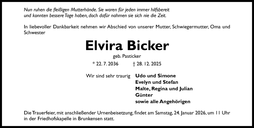 Traueranzeige für Elvira Bicker vom 10.01.2026 aus Hildesheimer Allgemeine Zeitung