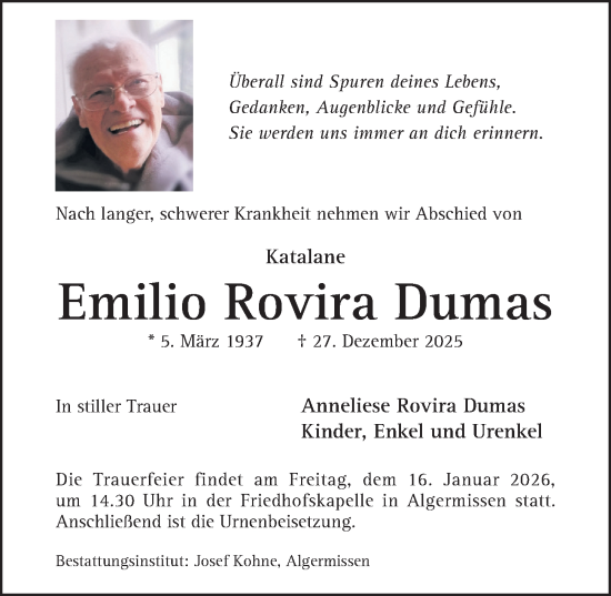 Traueranzeige von Emilio Rovira Dumas von Hildesheimer Allgemeine Zeitung