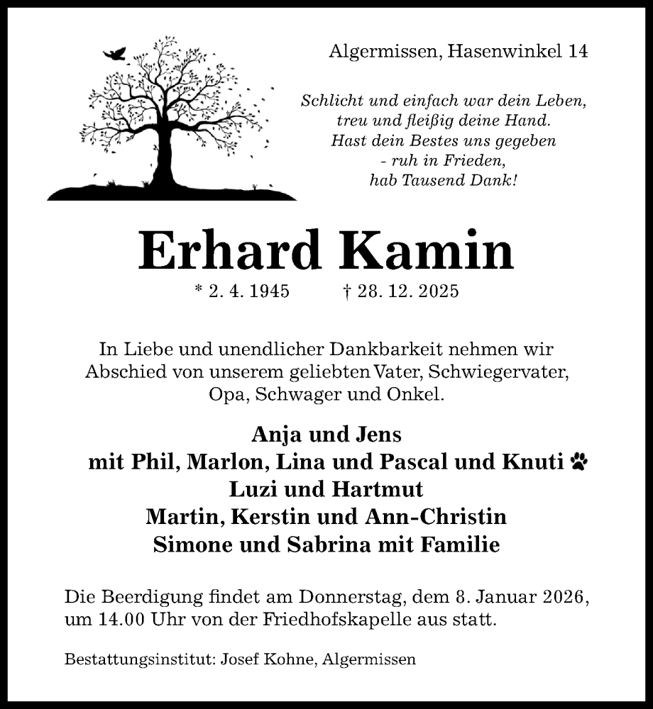  Traueranzeige für Erhard Kamin vom 03.01.2026 aus Hildesheimer Allgemeine Zeitung