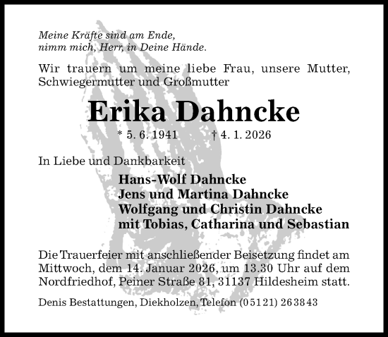Traueranzeige von Erika Dahncke von Hildesheimer Allgemeine Zeitung