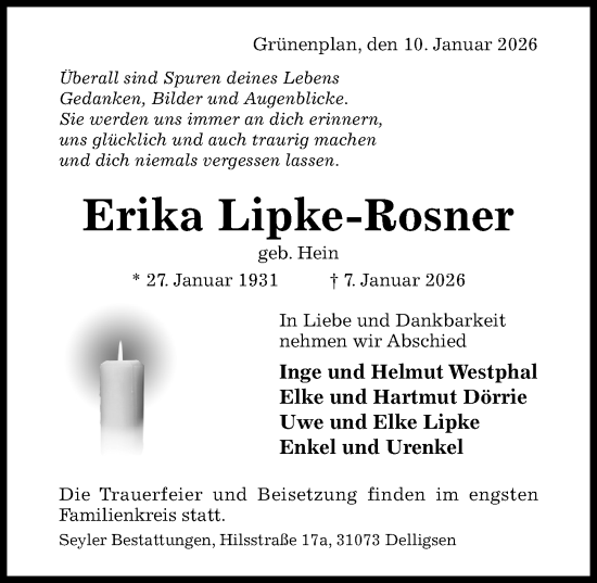 Traueranzeige von Erika Lipke-Rosner von Hildesheimer Allgemeine Zeitung