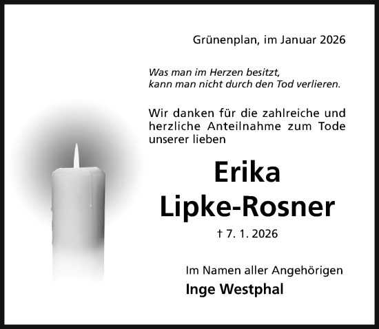 Traueranzeige von Erika Lipke-Rosner von Hildesheimer Allgemeine Zeitung