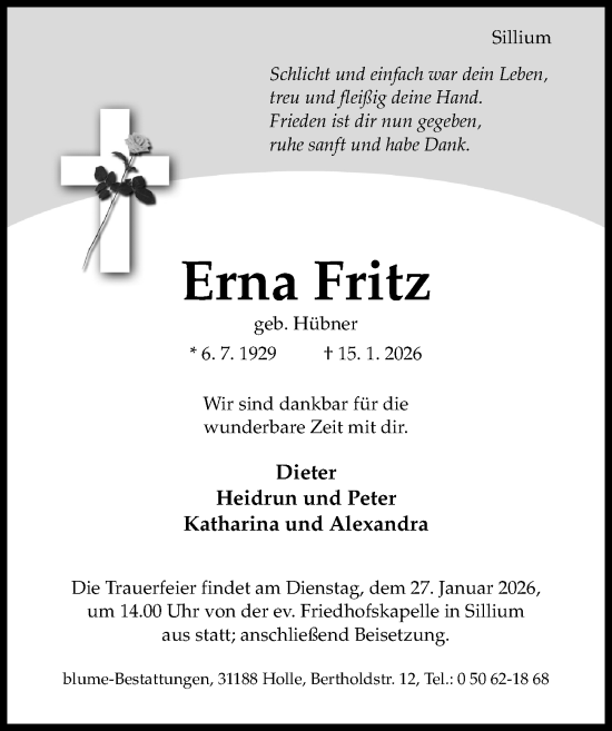 Traueranzeige von Erna Fritz von Hildesheimer Allgemeine Zeitung