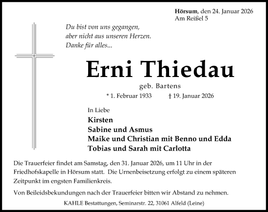 Traueranzeige von Erni Thiedau von Hildesheimer Allgemeine Zeitung