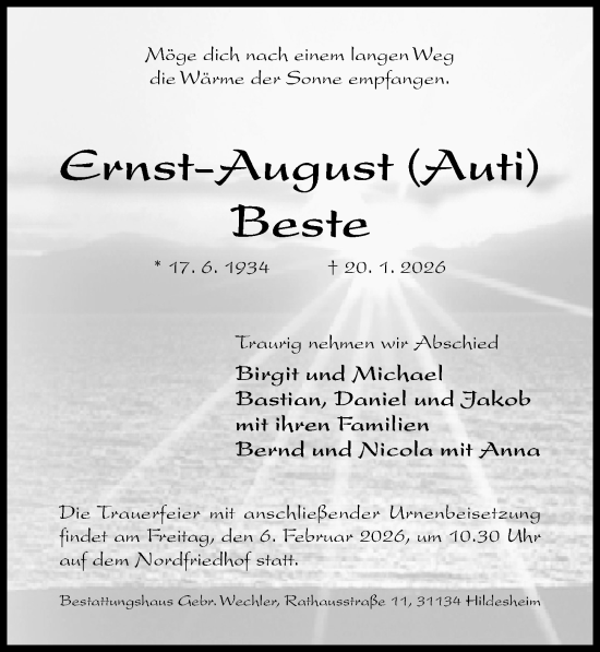 Traueranzeige von Ernst-August Beste von Hildesheimer Allgemeine Zeitung
