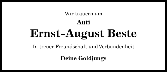 Traueranzeige von Ernst-August Beste von Hildesheimer Allgemeine Zeitung