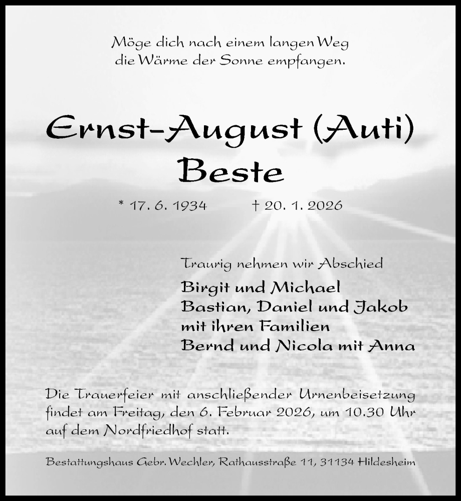  Traueranzeige für Ernst-August Beste vom 28.01.2026 aus Hildesheimer Allgemeine Zeitung