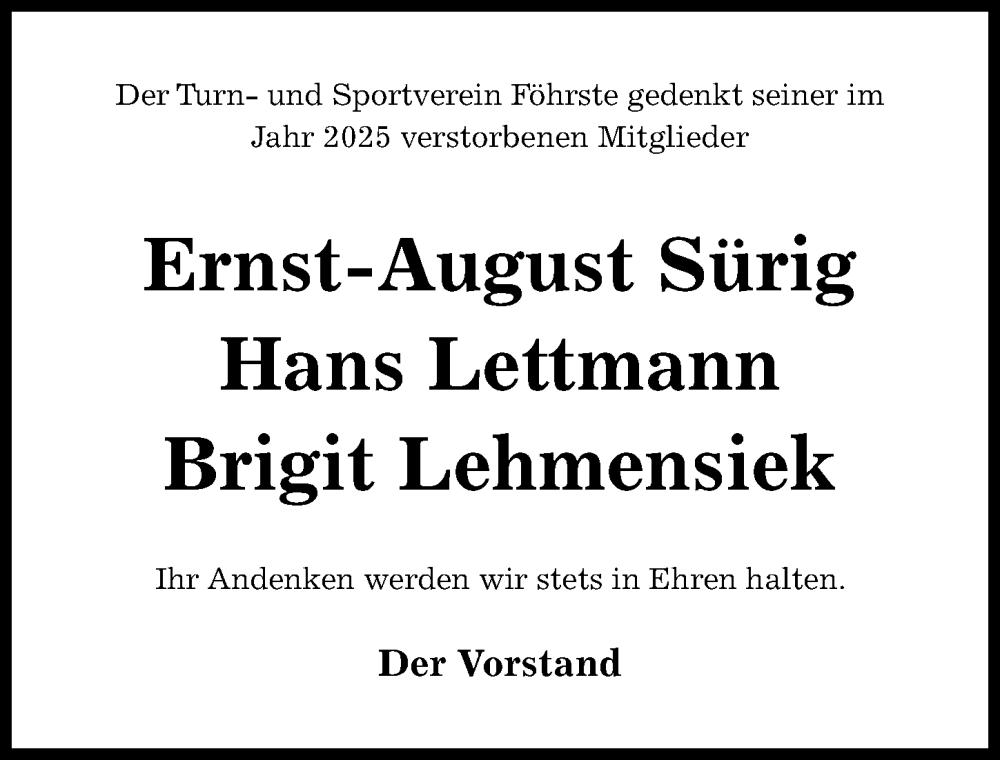  Traueranzeige für Ernst-August Sürig vom 10.01.2026 aus Hildesheimer Allgemeine Zeitung