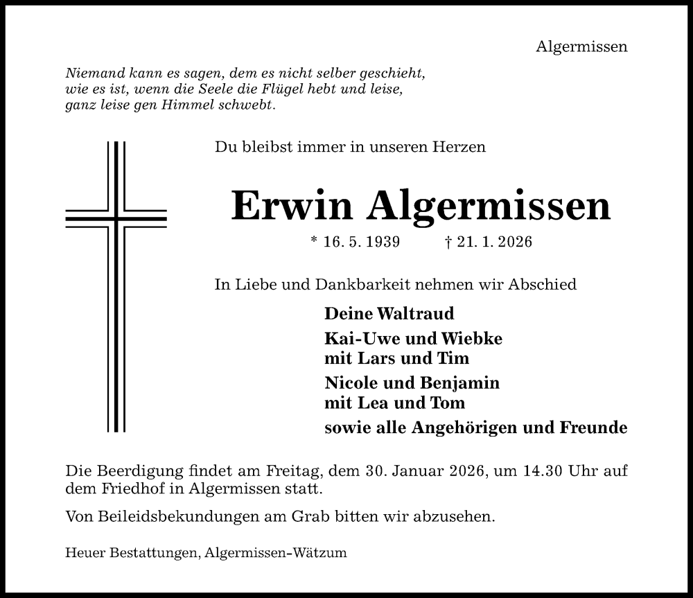  Traueranzeige für Erwin Algermissen vom 24.01.2026 aus Hildesheimer Allgemeine Zeitung