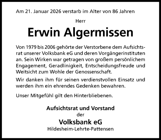 Traueranzeige von Erwin Algermissen von Hildesheimer Allgemeine Zeitung