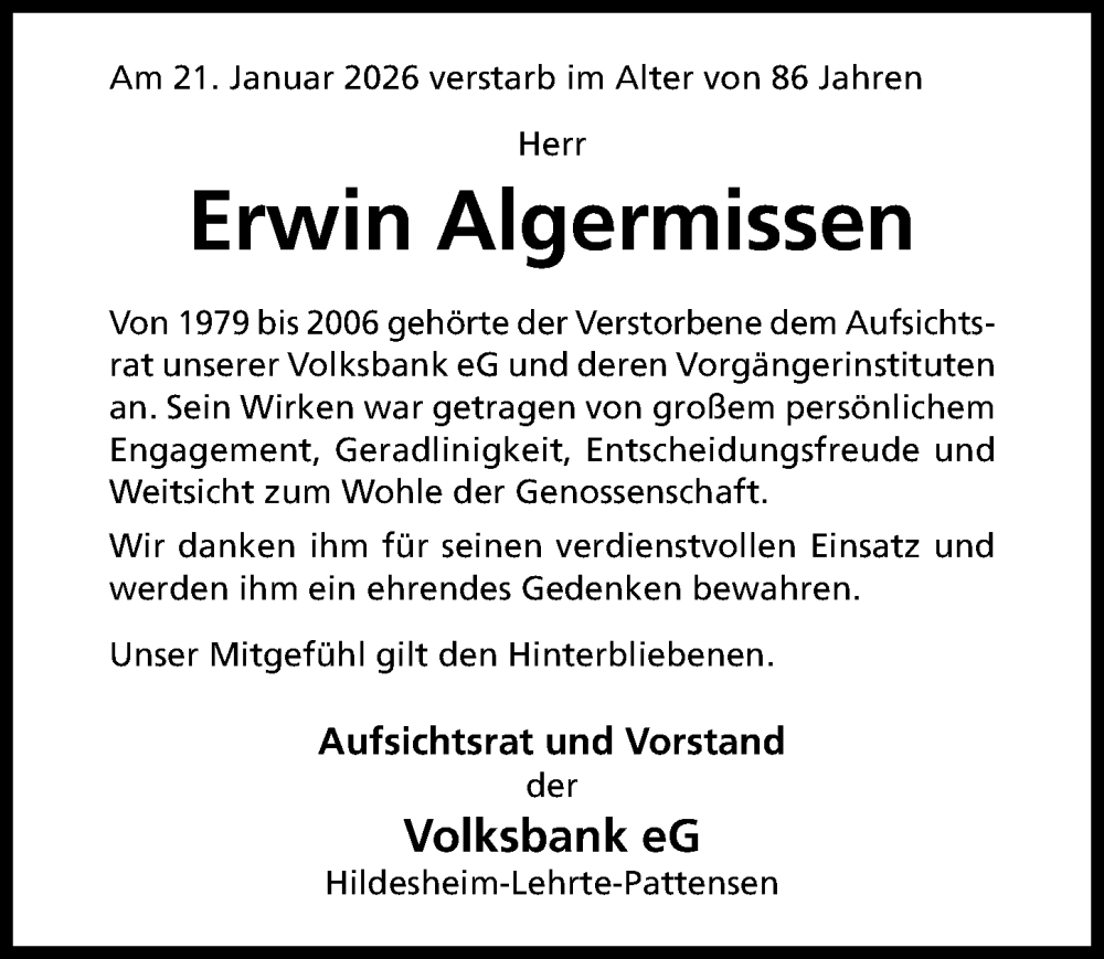  Traueranzeige für Erwin Algermissen vom 24.01.2026 aus Hildesheimer Allgemeine Zeitung