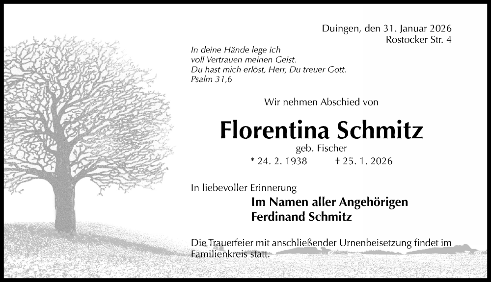  Traueranzeige für Florentina Schmitz vom 31.01.2026 aus Hildesheimer Allgemeine Zeitung
