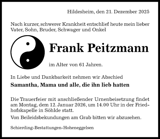 Traueranzeige von Frank Peitzmann von Hildesheimer Allgemeine Zeitung