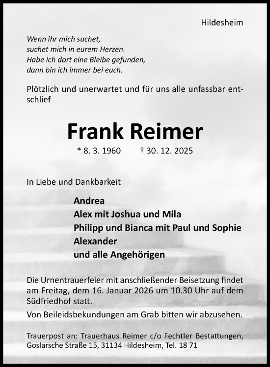 Traueranzeige von Frank Reimer von Hildesheimer Allgemeine Zeitung