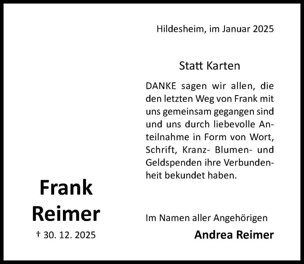  Traueranzeige für Frank Reimer vom 31.01.2026 aus Hildesheimer Allgemeine Zeitung
