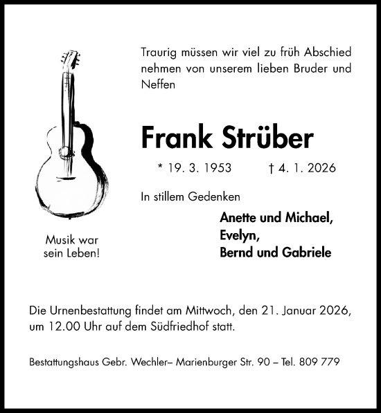 Traueranzeige von Frank Strüber von Hildesheimer Allgemeine Zeitung