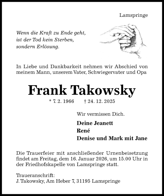 Traueranzeige von Frank Takowsky von Hildesheimer Allgemeine Zeitung