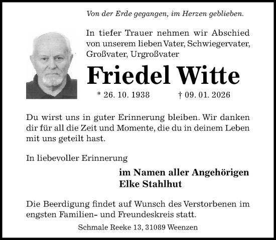 Traueranzeige von Friedel Witte von Hildesheimer Allgemeine Zeitung