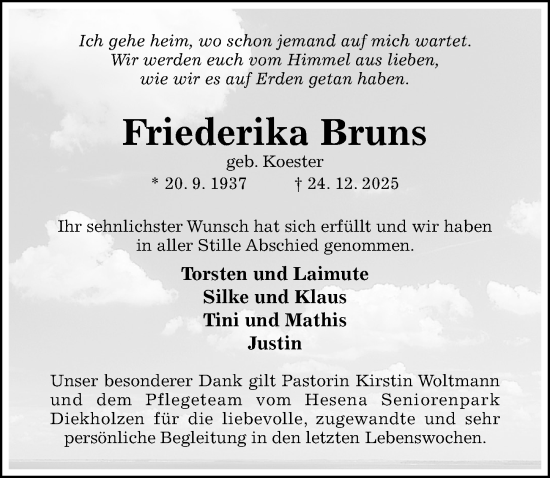 Traueranzeige von Friederika Bruns von Hildesheimer Allgemeine Zeitung