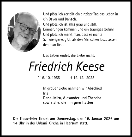 Traueranzeige von Friedrich Keese von Hildesheimer Allgemeine Zeitung