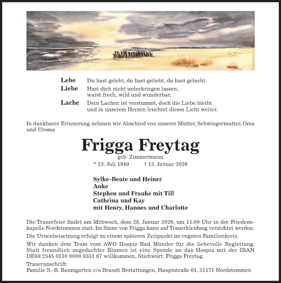 Traueranzeige von Frigga Freytag von Hildesheimer Allgemeine Zeitung