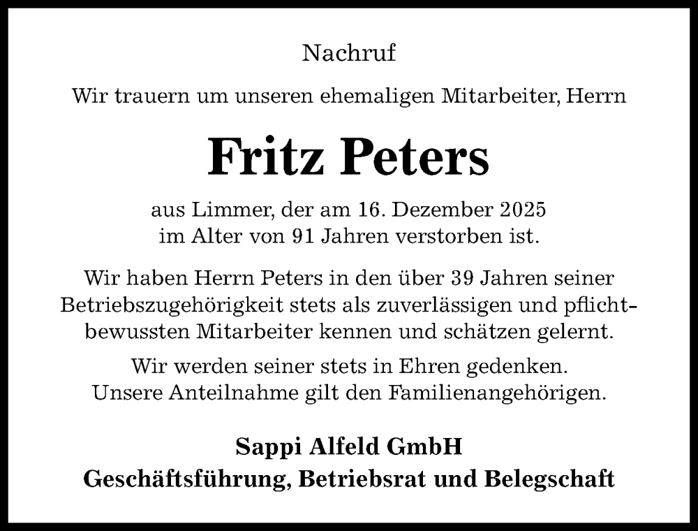  Traueranzeige für Fritz Peters vom 14.01.2026 aus Hildesheimer Allgemeine Zeitung