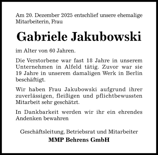Traueranzeige von Gabriele Jakubowski von Hildesheimer Allgemeine Zeitung