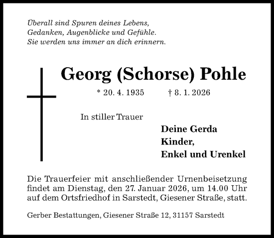 Traueranzeige von Georg Pohle von Hildesheimer Allgemeine Zeitung