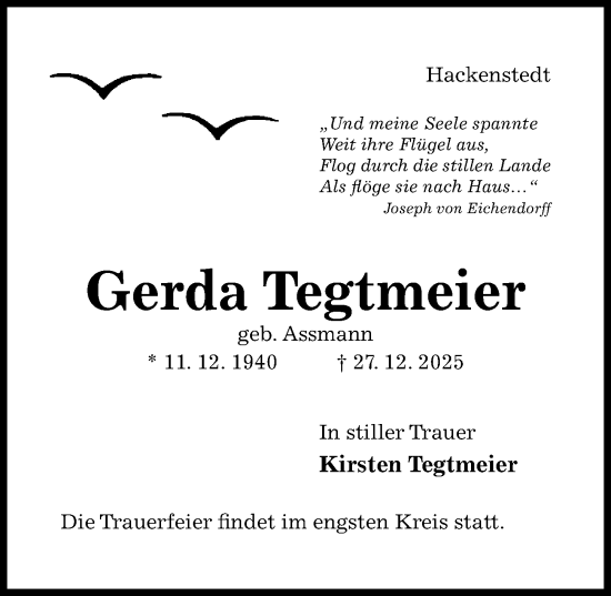 Traueranzeige von Gerda Tegtmeier von Hildesheimer Allgemeine Zeitung