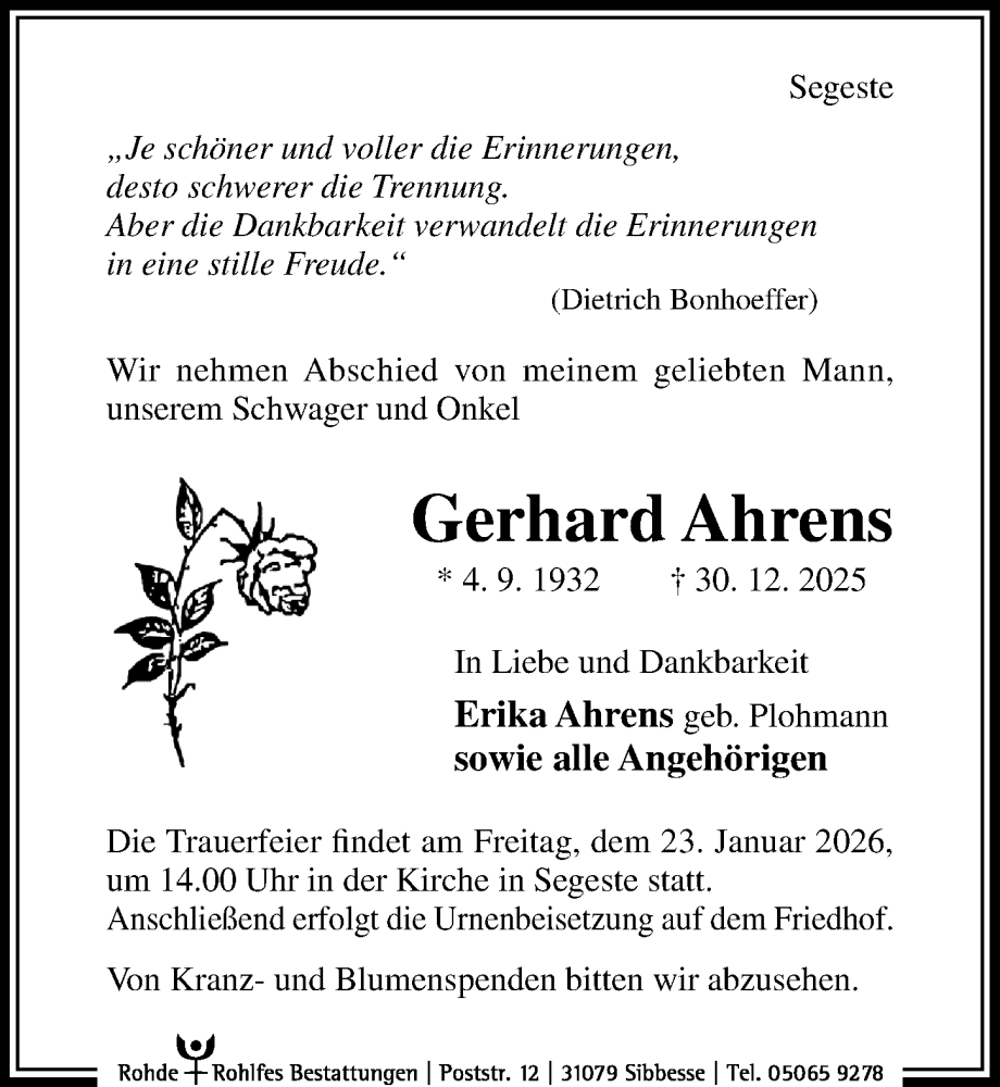  Traueranzeige für Gerhard Ahrens vom 17.01.2026 aus Hildesheimer Allgemeine Zeitung