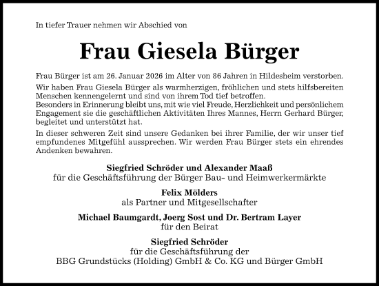 Traueranzeige von Giesela Bürger von Hildesheimer Allgemeine Zeitung