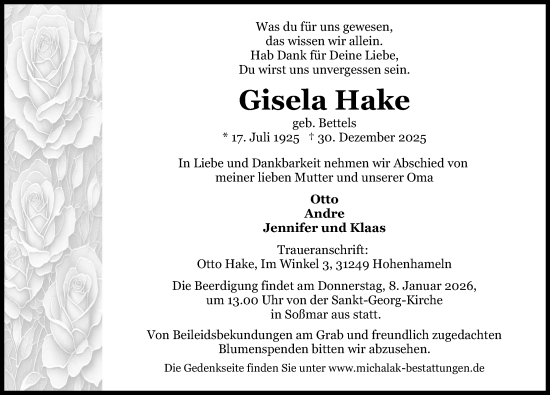 Traueranzeige von Gisela Hake von Hildesheimer Allgemeine Zeitung